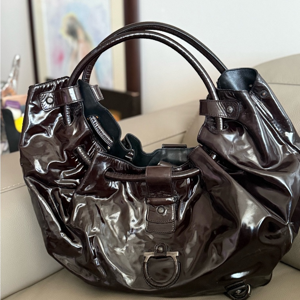 Salvatore Ferragamo Shiny Dark Brown Shoulder Bag